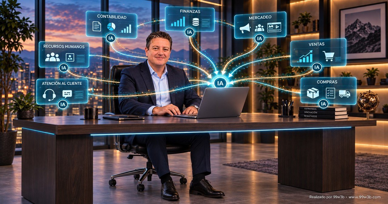 Andrés Pardo en su escritorio, conectando las áreas de una empresa mediante IA
